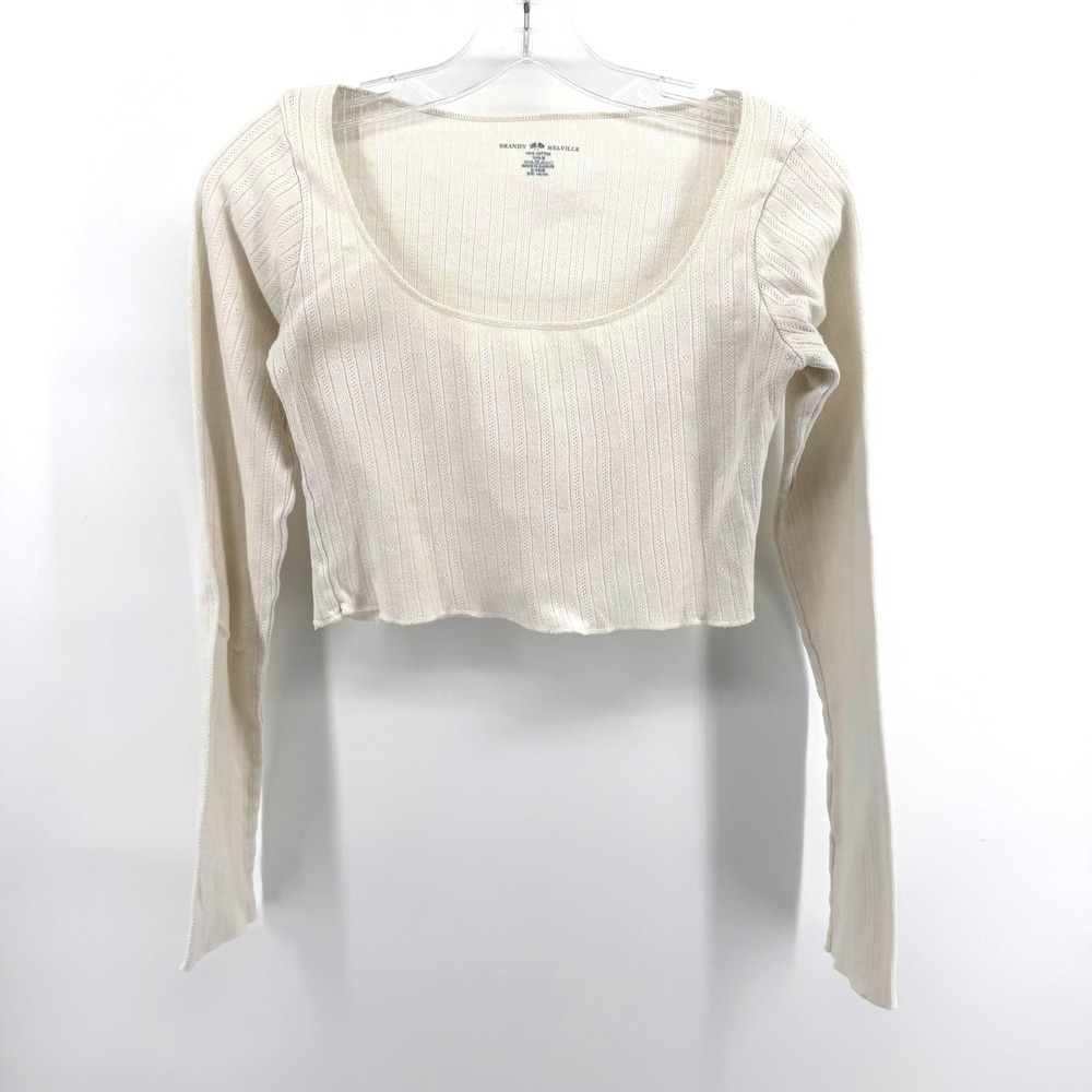 Brandy Melville Pointelle Crop Top Womens OS Cream Long Sleeve Scoop Neck Basic
